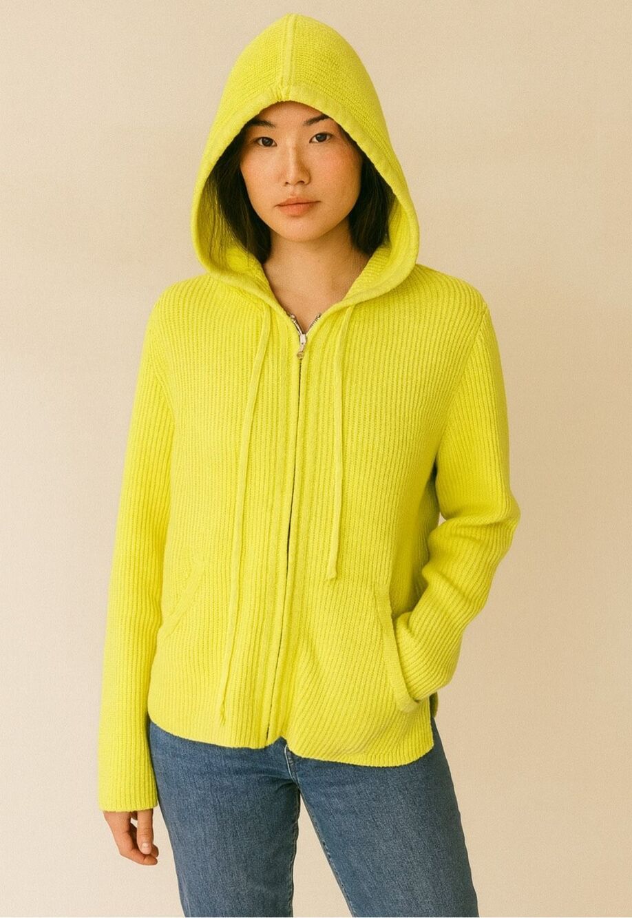 Kinross Bright Yellow 100% Cotton Ribbed Zip Up Hooded Cardigan Sweater M